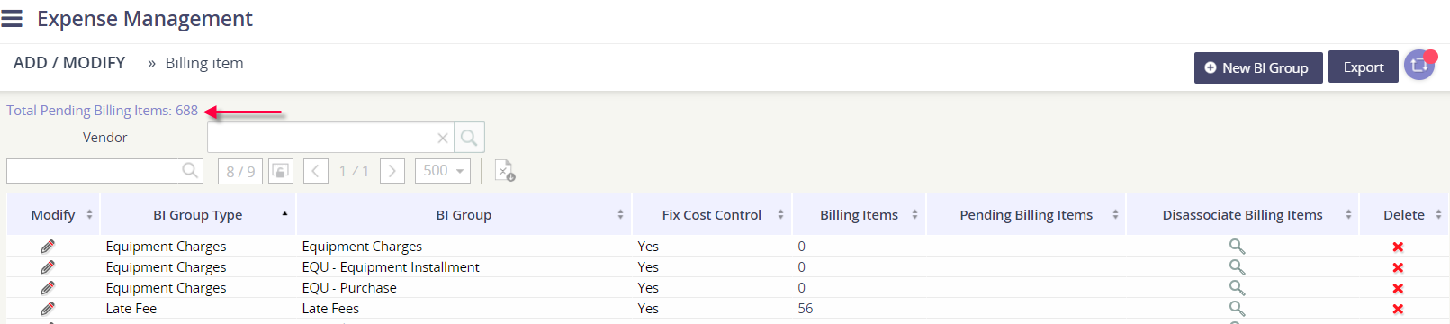 Add/Modify Billing Items Group